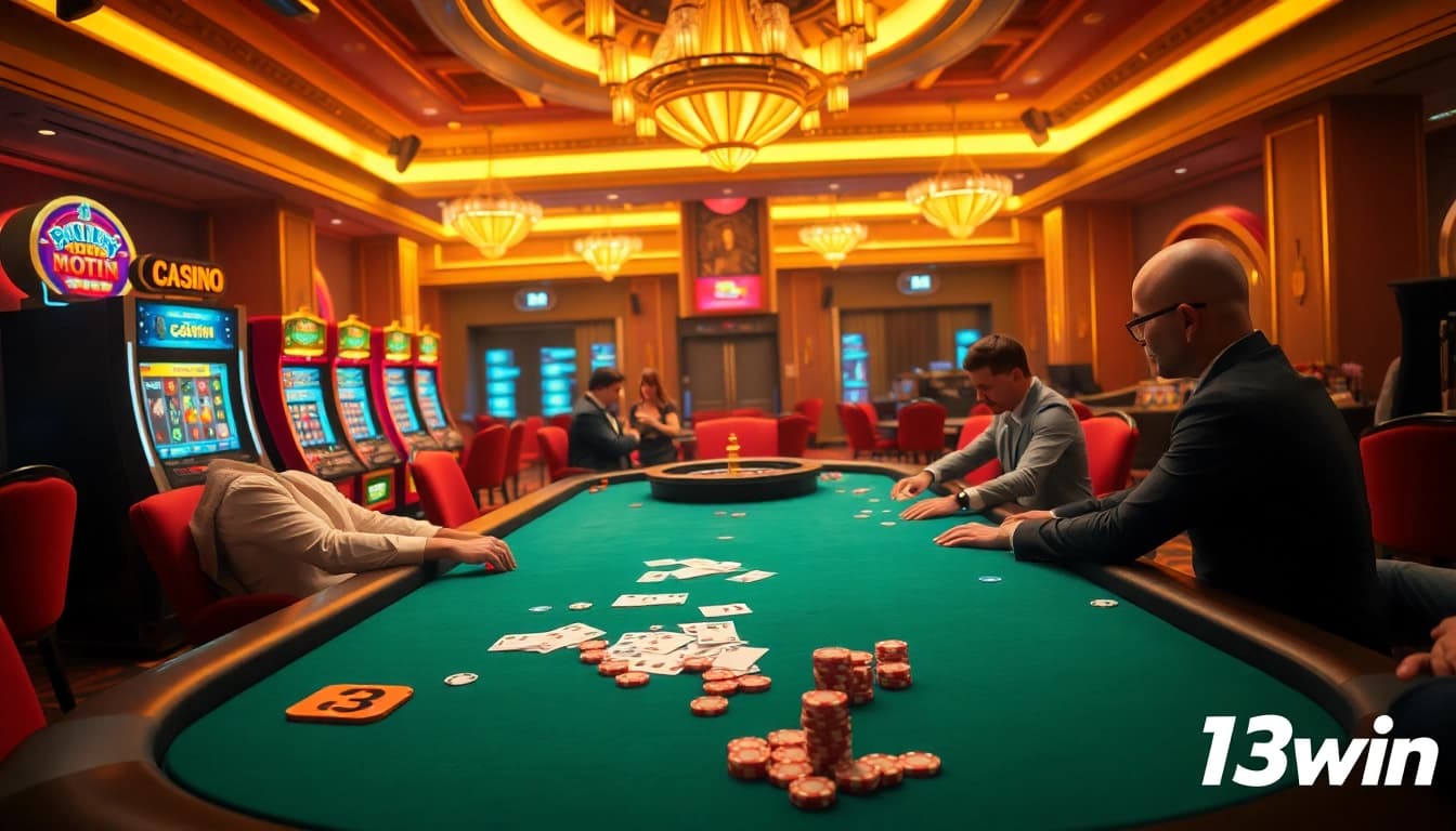 Players enjoying a thrilling game at a 13win casino, showcasing poker chips and vibrant slot machines.