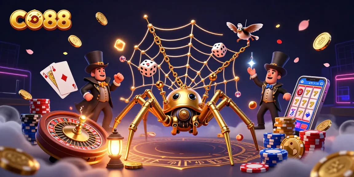 Win at CO88 casino with golden spider and fly gentleman in a rich gambling scene.