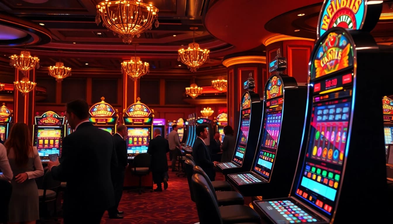 Players enjoying exciting slot machines in a luxurious casino setting, capturing the thrill of gambling.