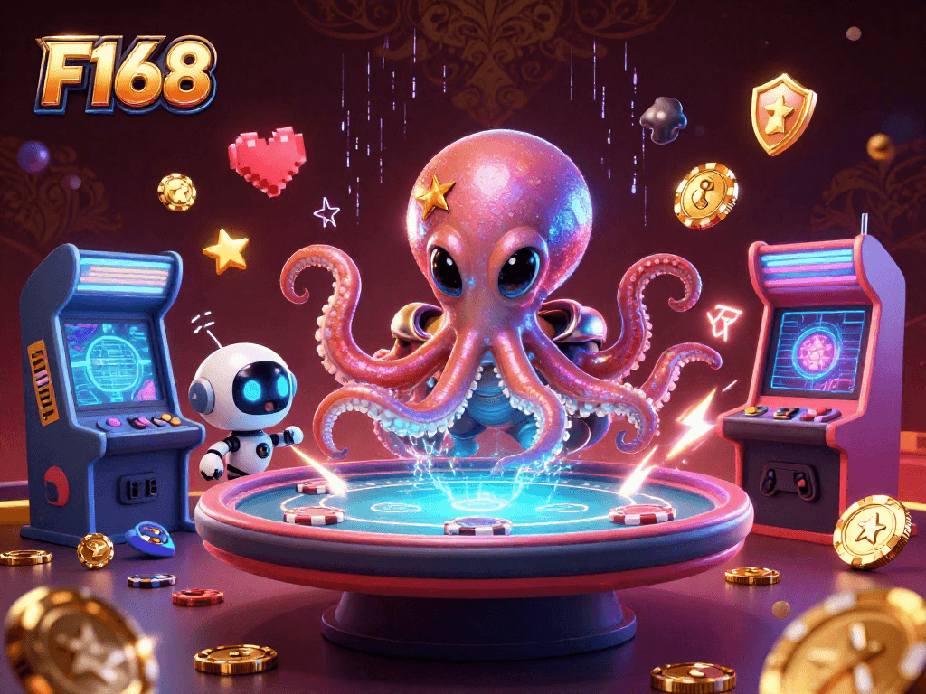 F168 casino scene with an alien octopus and robot at a poker table surrounded by arcade elements.