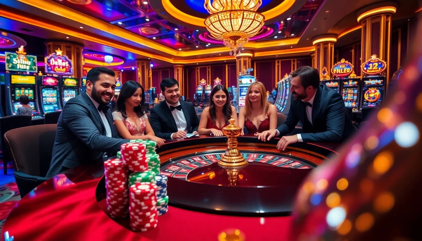 hb88 players celebrating wins at a luxurious casino roulette table with chips and slot machines.