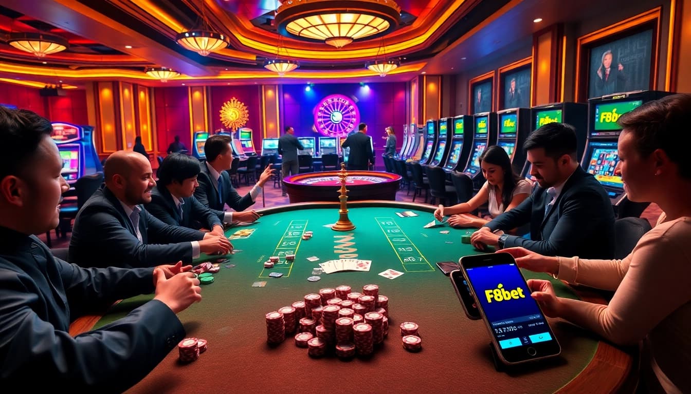 Experience the excitement of F8bet with dynamic players at a poker table amidst colorful casino elements.