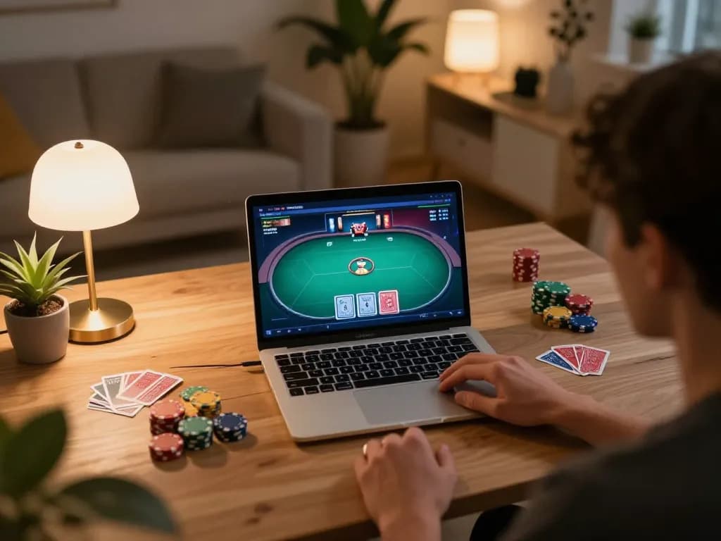 Engaging in a strategic game on rik vip with poker cards on screen in a relaxing home environment