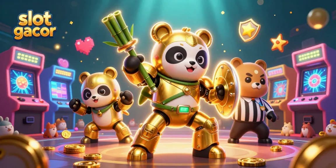 Gambaran slot gacor yang menampilkan panda emas dalam robot bertarung di arena slot yang dinamis.