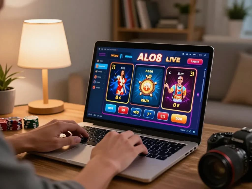 Engaging in ALO8 Live online gambling with a sleek setup showcasing poker betting action.