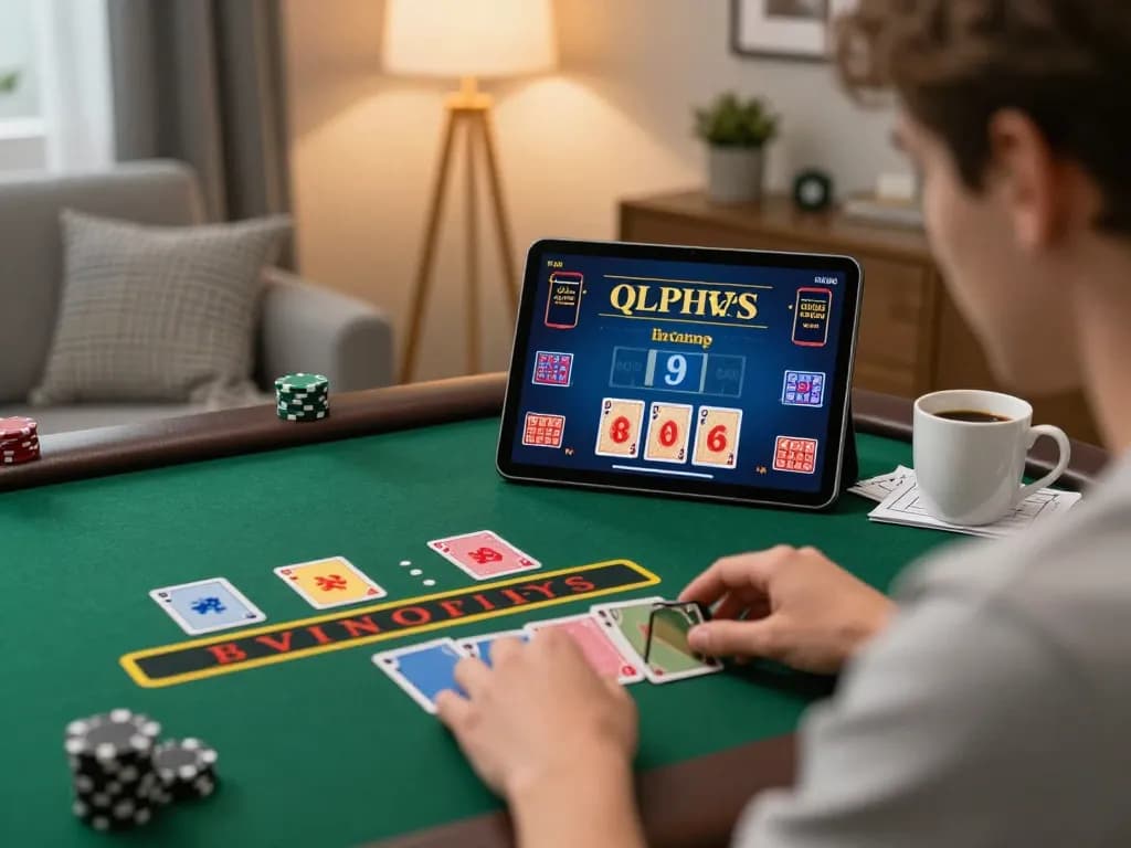 Engaging with a live blackjack game at 78win on a tablet, featuring cards being dealt in a cozy home setting.