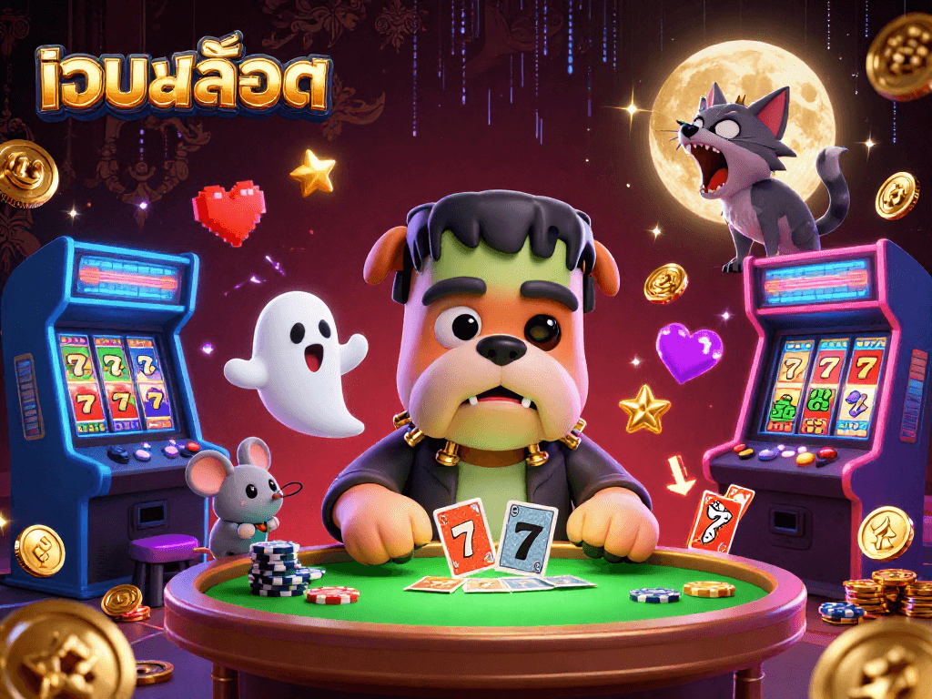 Engage with เว็บสล็อต through a vibrant 3D cartoon scene depicting lively casino characters and elements.