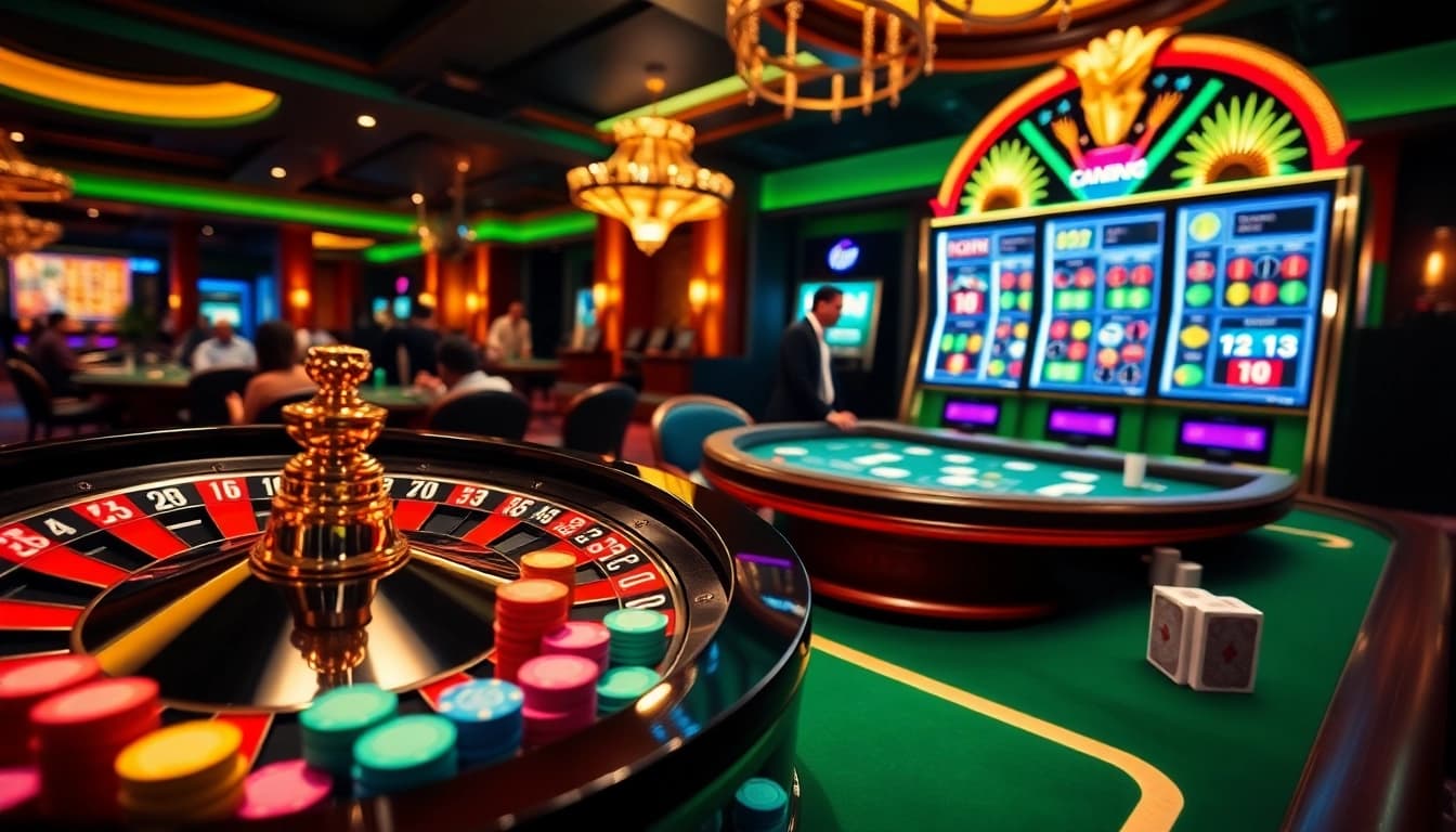 The thrill of online gambling at https://mm88.vin/ with a vibrant casino scene featuring roulette, poker, and slot machines.