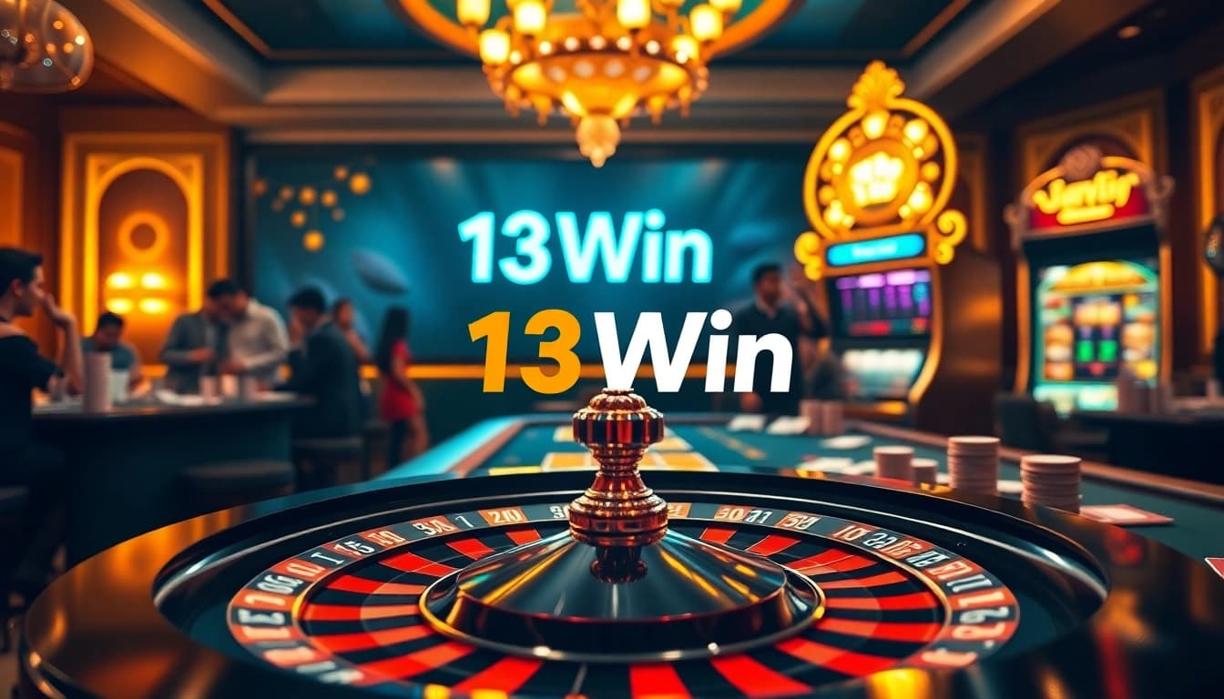 Exciting gambling scene featuring 13Win logo at a roulette wheel and poker table