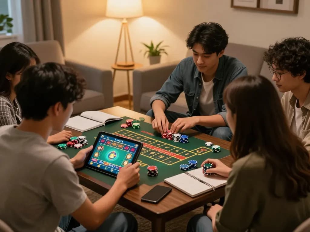 Xóc đĩa online gameplay in a cozy home setting with friends enjoying a tablet game.