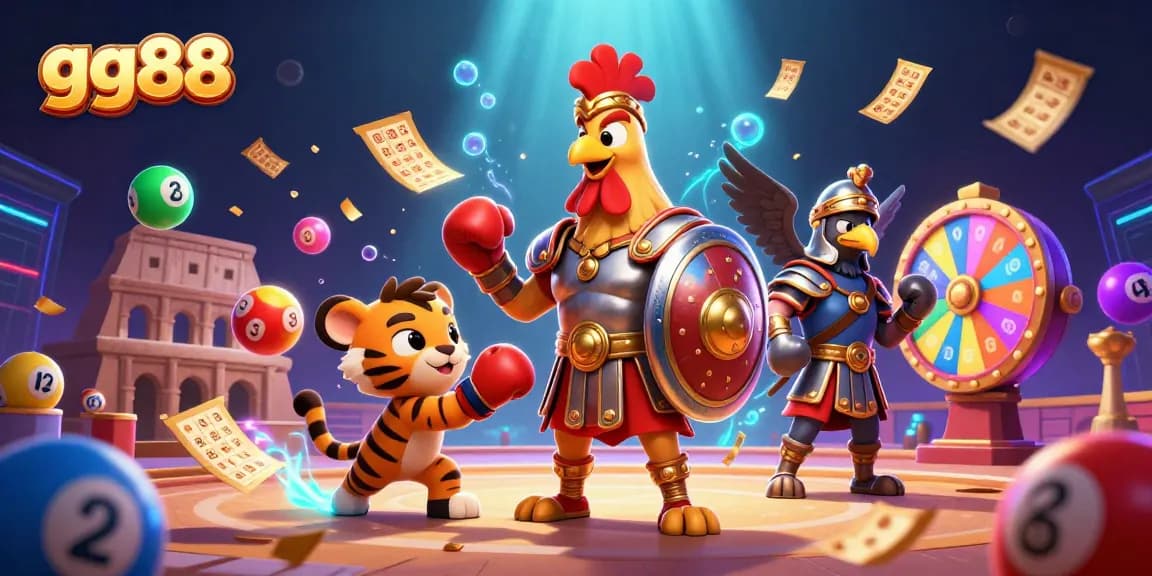 Experience thrilling gaming with gg88's vibrant 3D illustration showcasing a gladiator rooster in action.