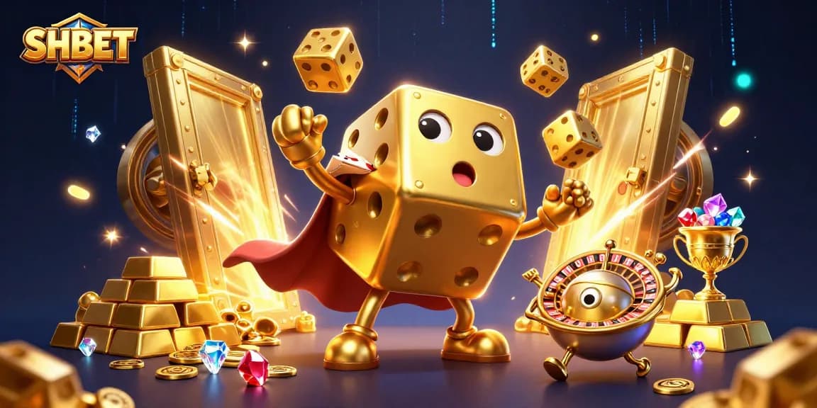 Experience gaming thrills with SHBET's 3D golden dice and decorations, showcasing an exciting casino environment.