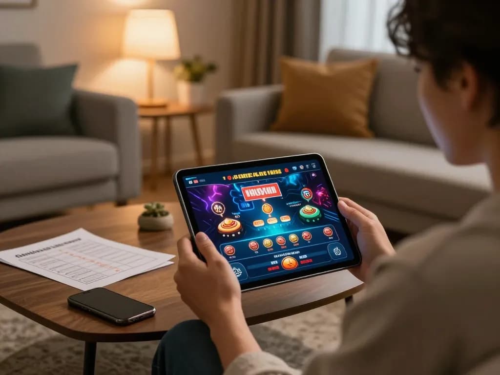 Engaged with the m103 casino app on a tablet, showing vibrant gameplay and strategic notes in a cozy home environment.