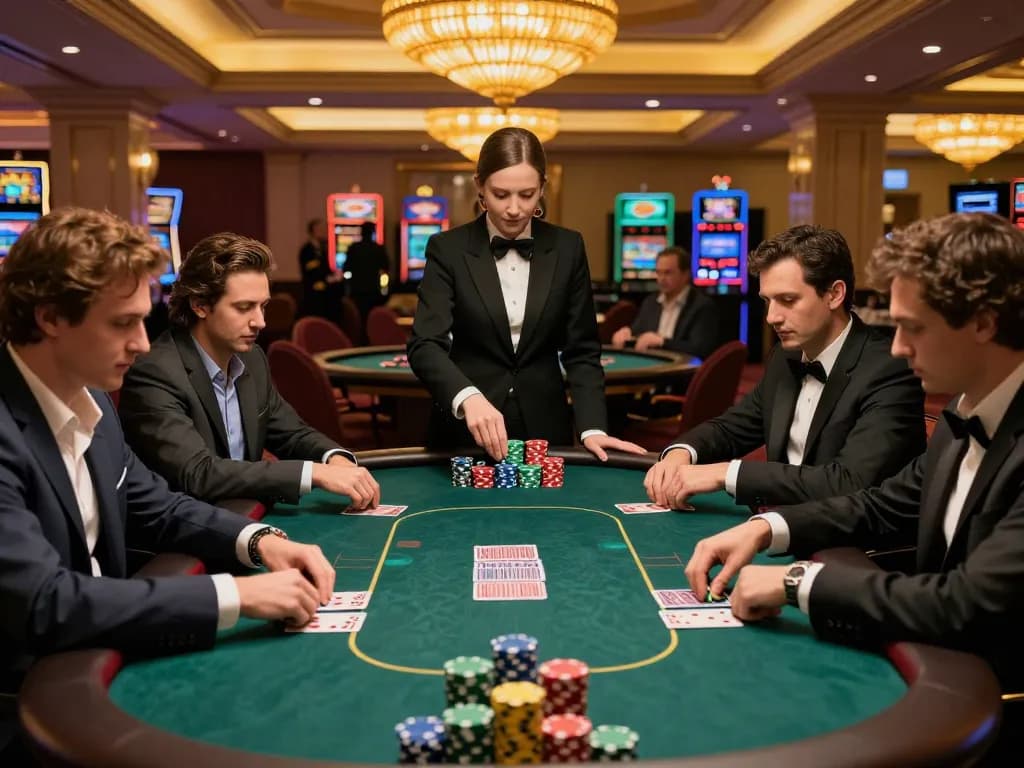 High-stakes poker table at KKWIN.in casino showcasing players focused on their cards and colorful chips
