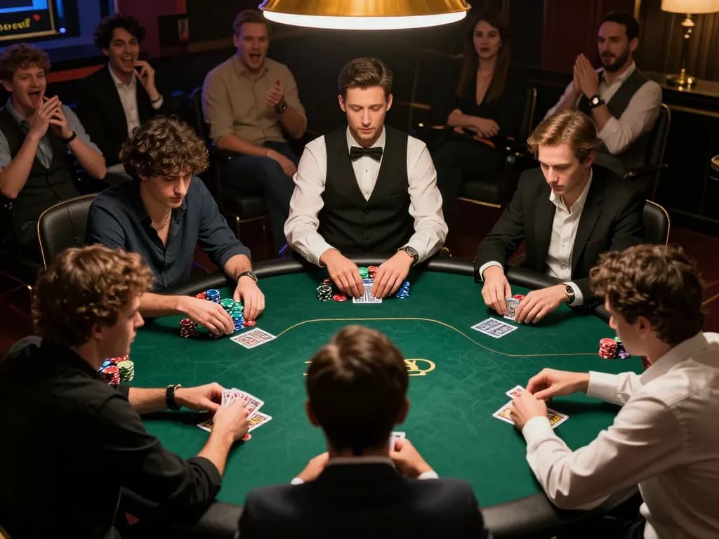 IDNSCORE RESMI poker tournament in action with players, dealer, and vibrant atmosphere.