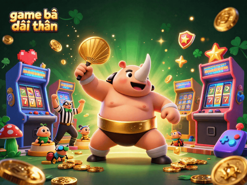 Step into game bài đổi thưởng excitement with a vibrant scene featuring arcade slots and a charming beetle showdown.
