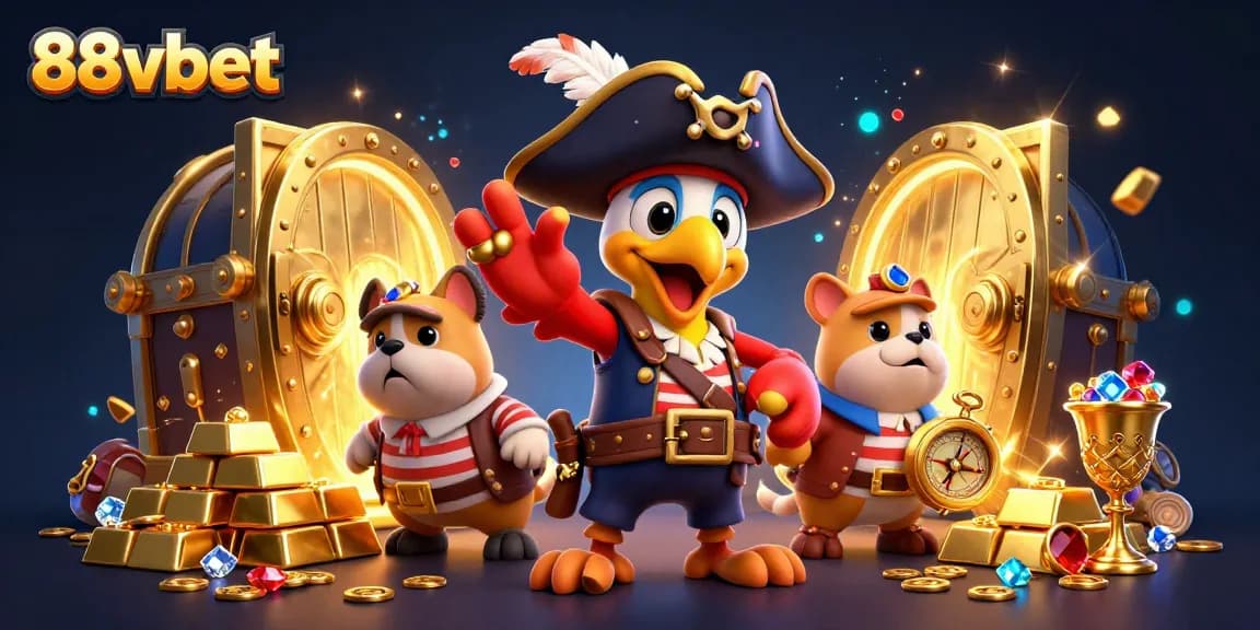 Experience thrilling wins at 88vbet with a vibrant 3D pirate adventure illustration full of treasure.