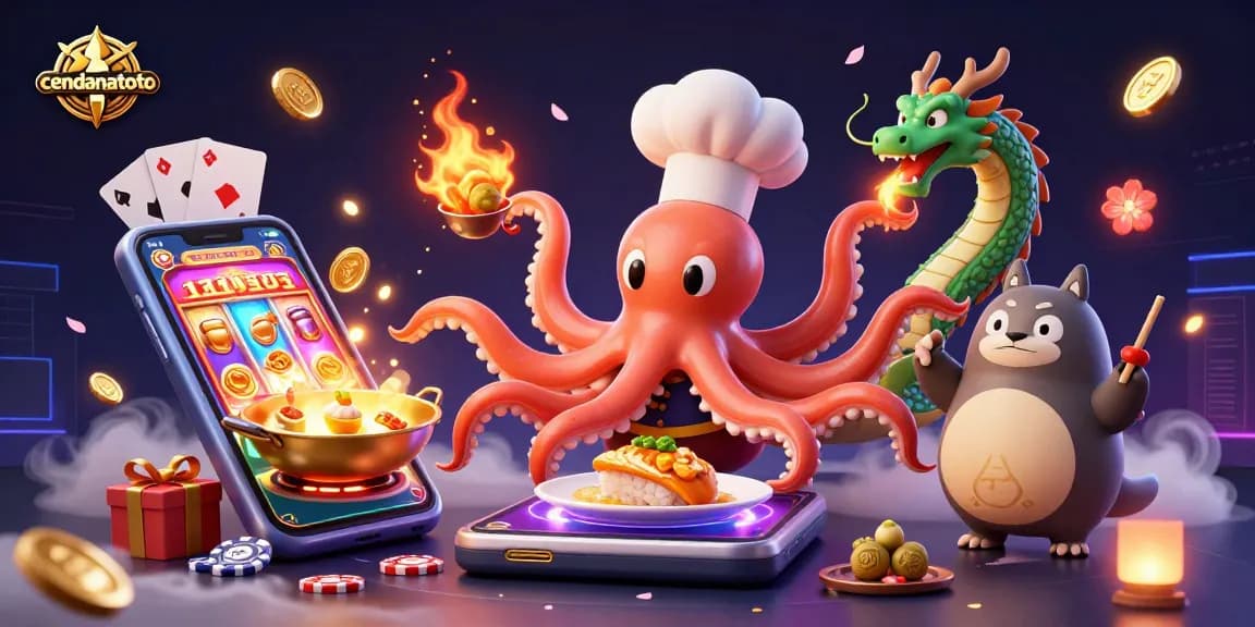 Engage with cendanatoto's dynamic 3D casino scene featuring an octopus chef, dragon, and tanuki.