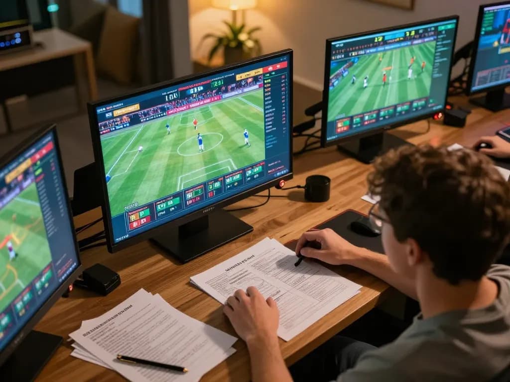 Create a Caricature during an exciting virtual sports betting session, showing a person engaging with multiple screens.