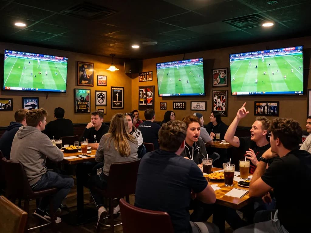 Betting strategies in a lively sports bar with active viewers analyzing ty le keo during football matches.