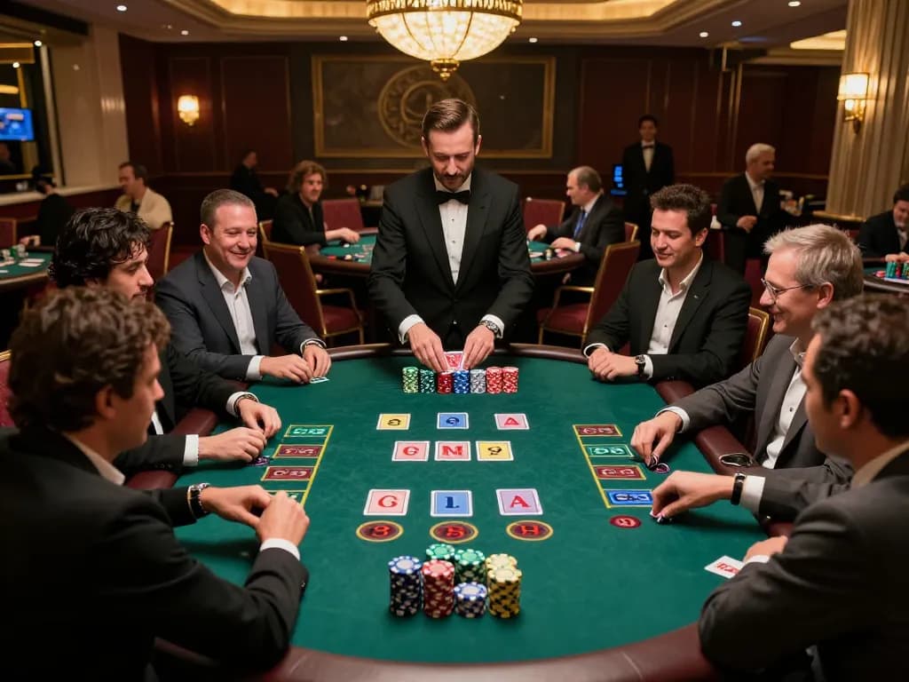 Players engage in an exciting baccarat game at f8bet casino, displaying chips and cards in vibrant ambiance