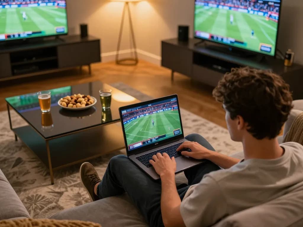 Person engaged in online sports betting on laptop while seated in a cozy room, showcasing okking nhà cái's offerings