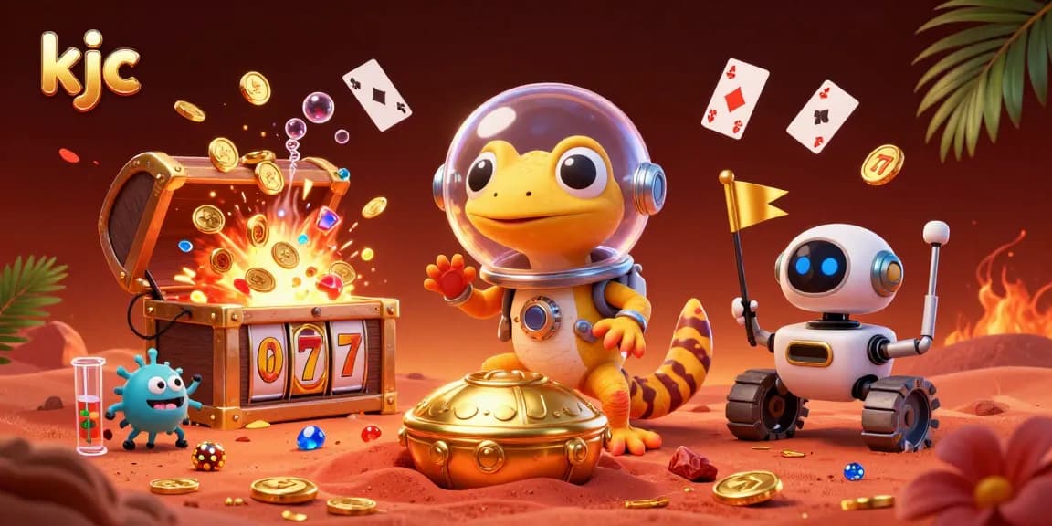 KJC players spin slots in a vibrant Martian casino scene filled with treasures and excitement