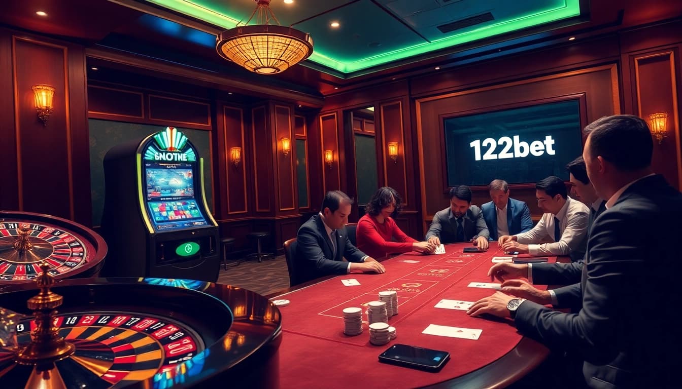 A dynamic online casino atmosphere featuring 123bet with poker players and a luxurious roulette wheel.