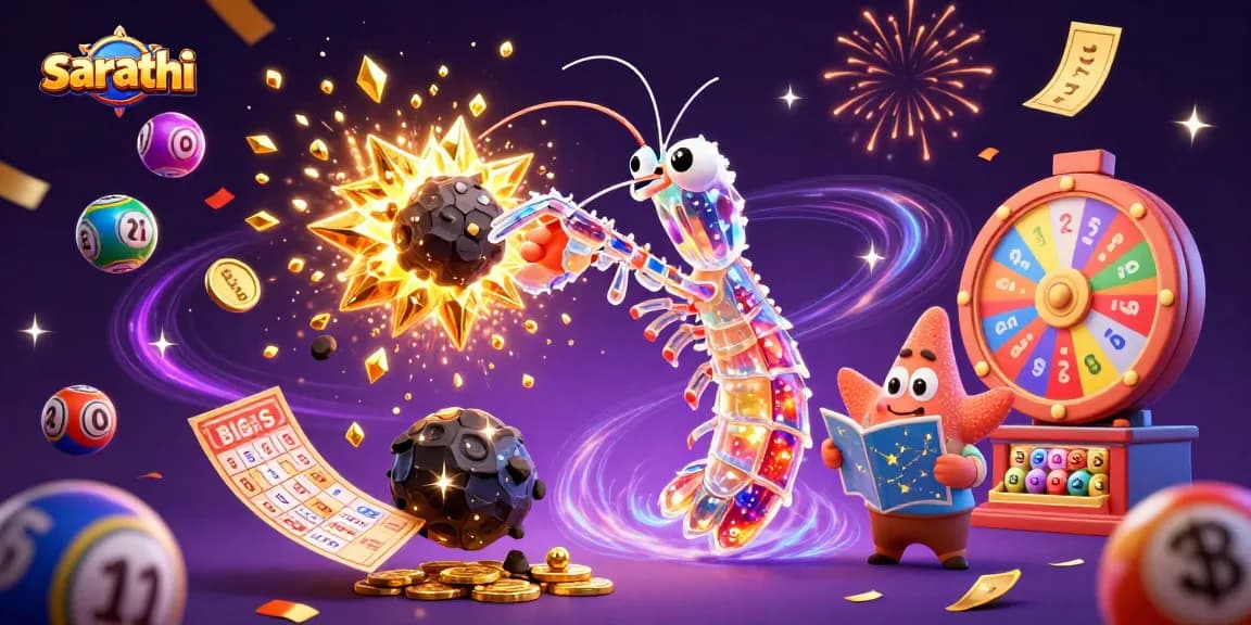 Spin and win with Sarathi's dynamic casino-themed illustration featuring vibrant lottery elements.