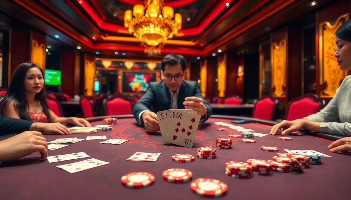 Experience Rồng Hổ Online at an exciting casino table with players and a dealer.