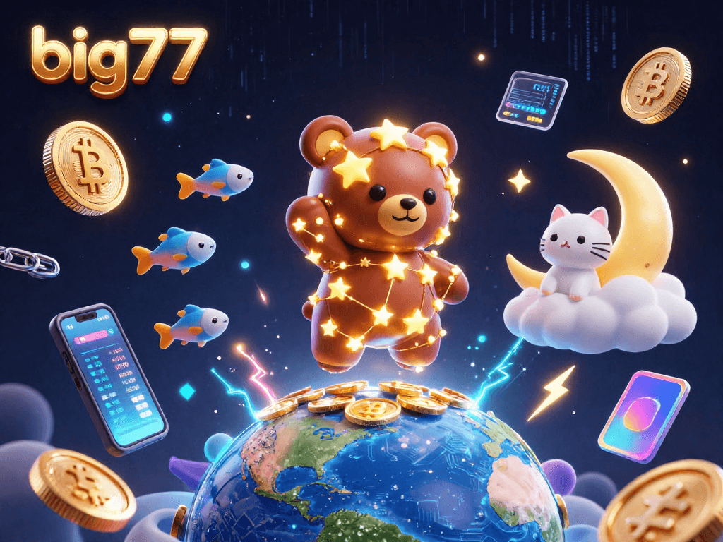 Experience big777’s vibrant 3D cosmic casino scene with golden stars, neon coins, and whimsical characters.