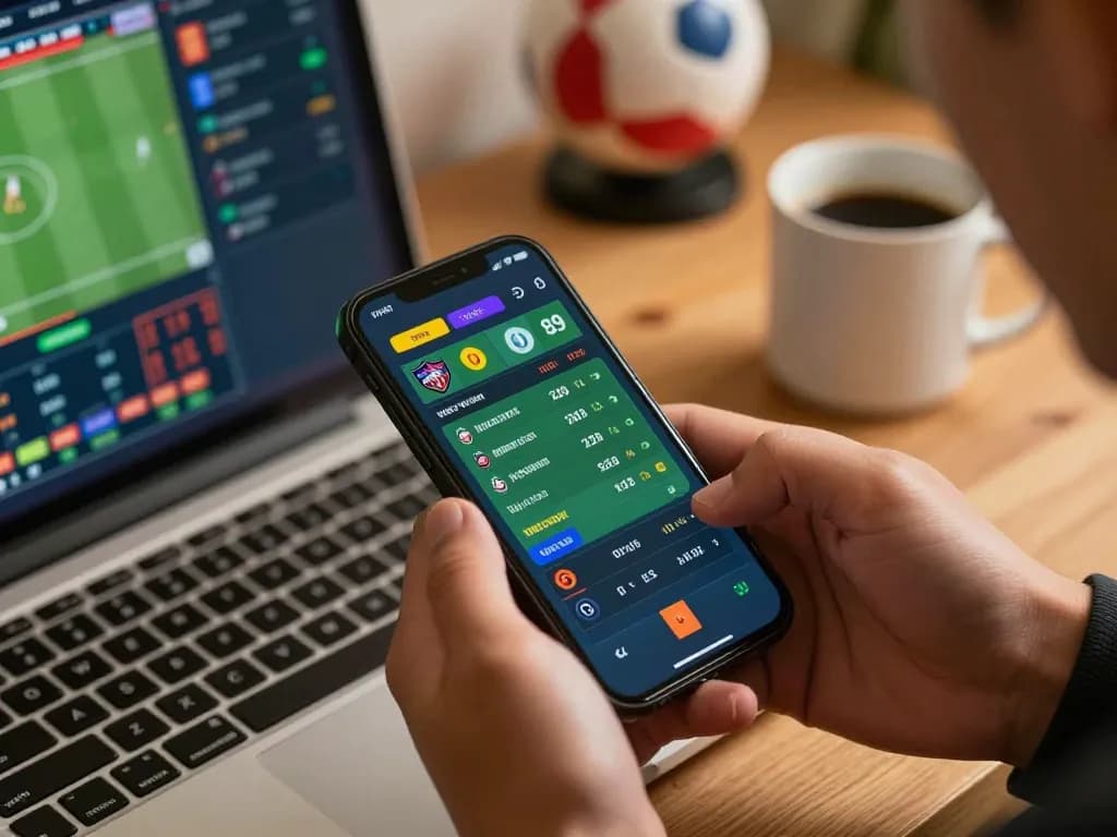 Engaged MK8 user placing sports bets on a smartphone, surrounded by a modern betting setup.