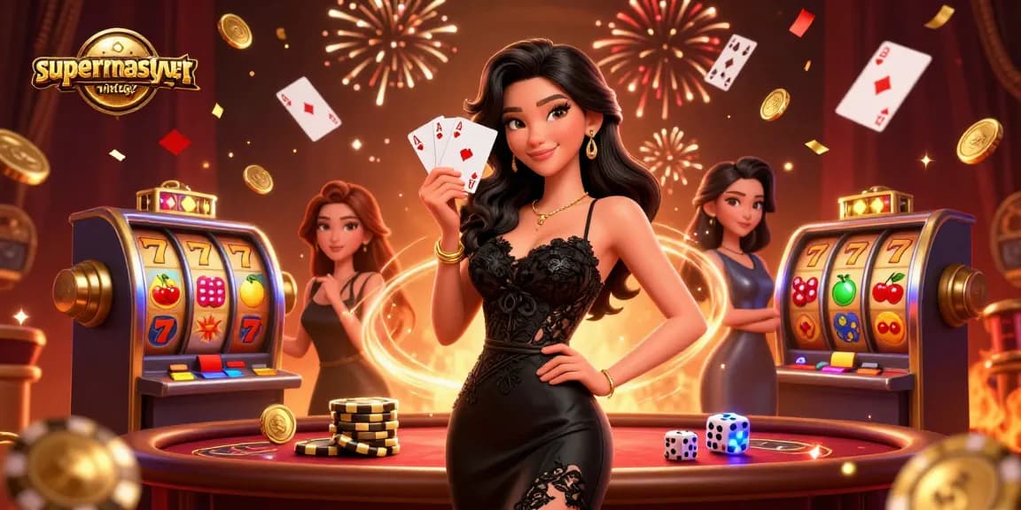 Experience the excitement of supernastyvintage gambling with a stunning casino illustration filled with vibrant elements.