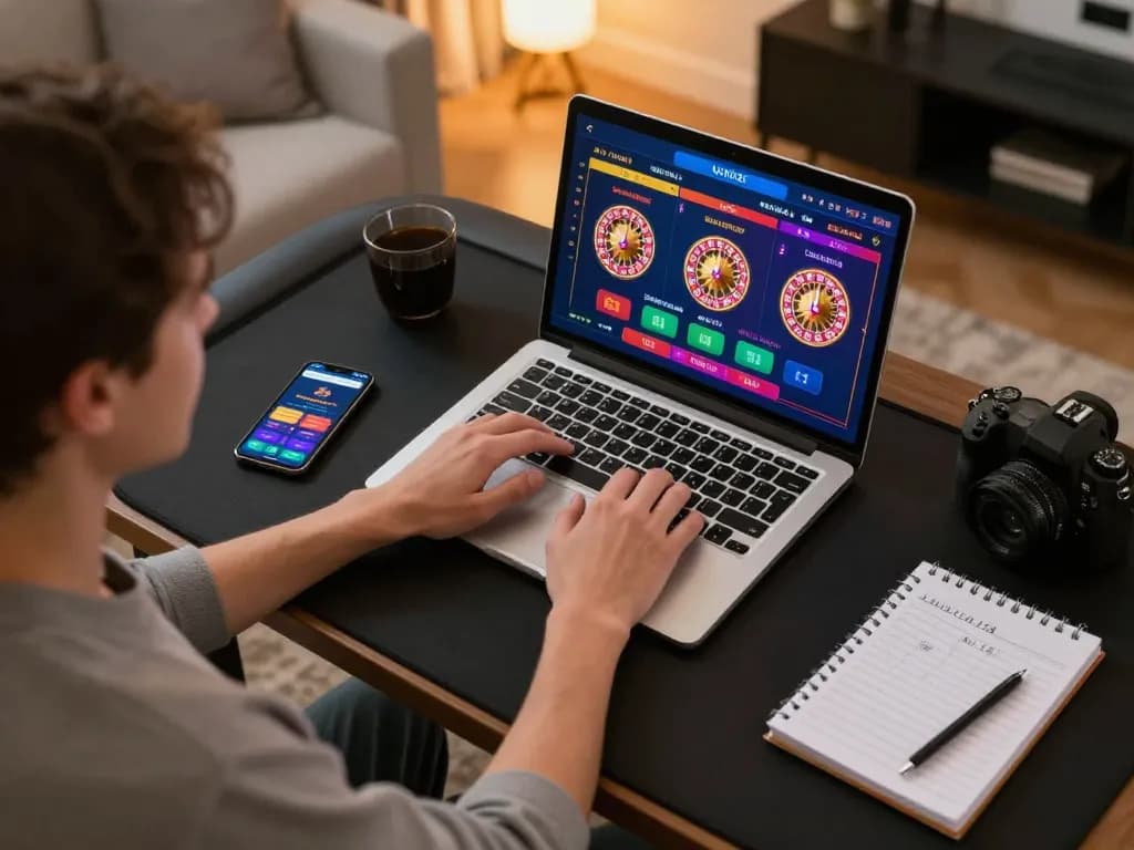 Pemain yang terlibat menggunakan platform permainan daring defineyouniversity di meja modern