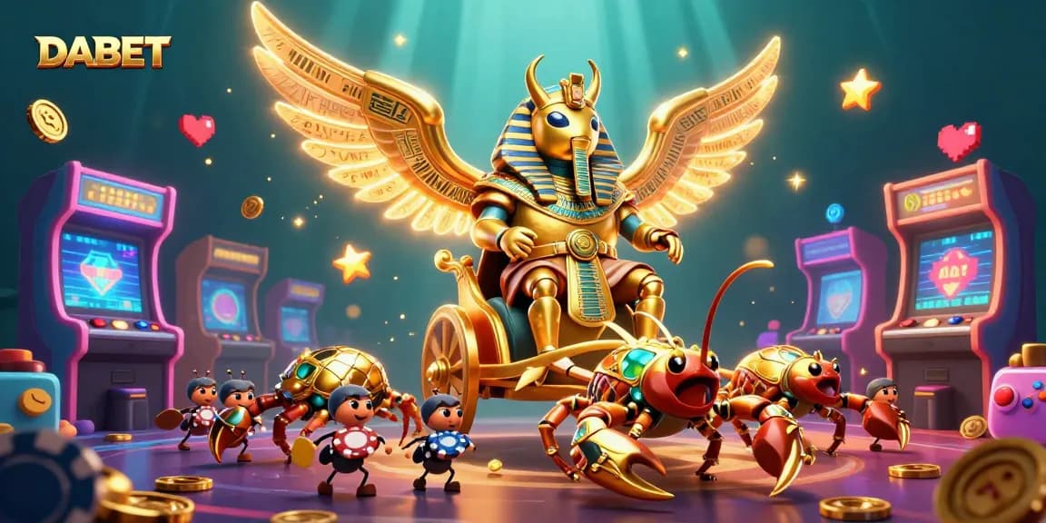 DABET showcases a stunning 3D illustration of a golden scarab beetle and scorpions amidst a vibrant casino scene, enhancing gaming excitement.