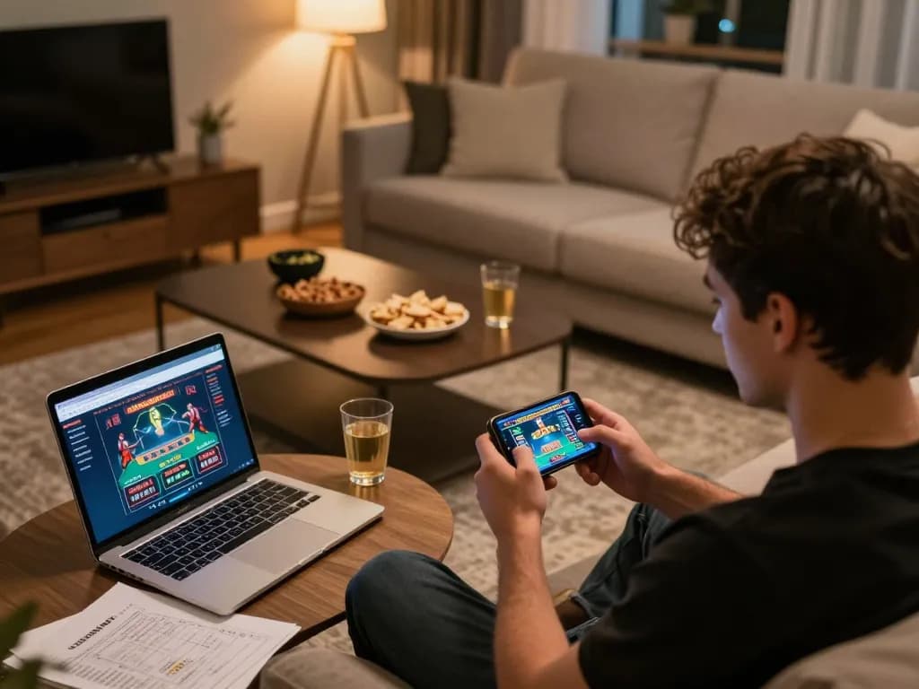 Engage with JUDIGSC live casino games on your smartphone in a modern home setting.