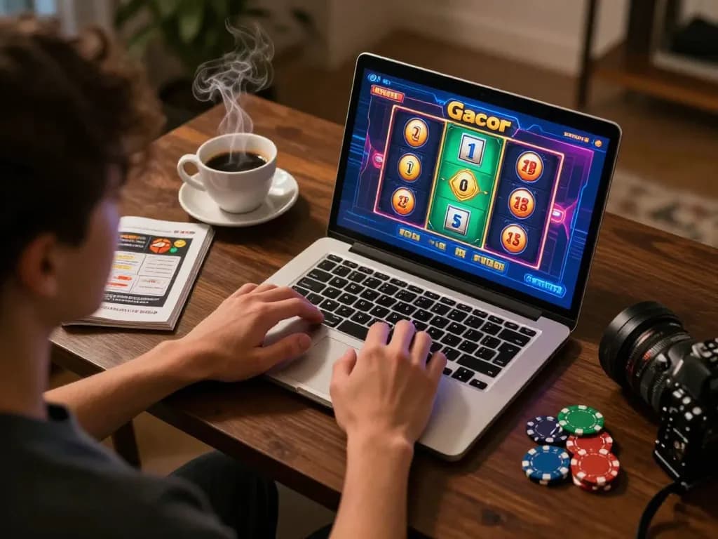 Engaging in slot gacor gaming session at home with laptop and strategy notes.