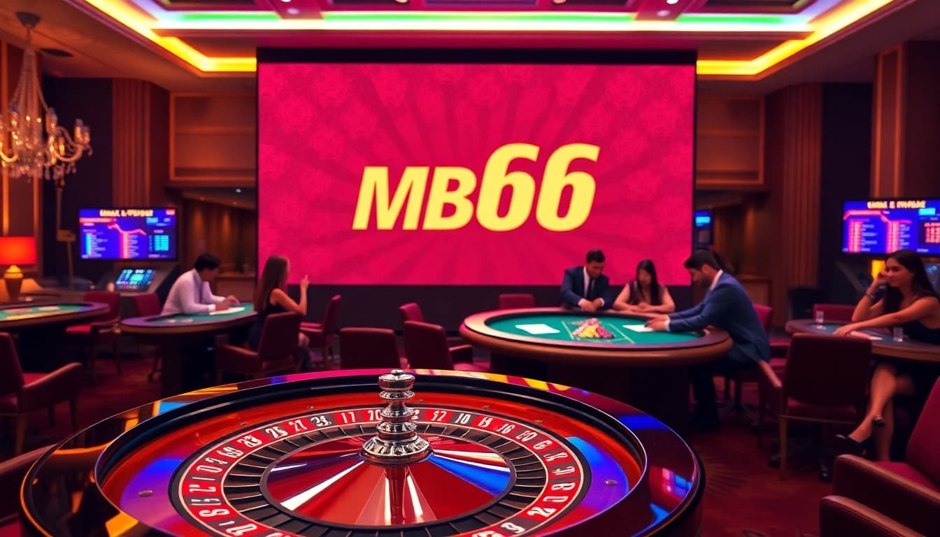 Experience the thrill of MB66 with players enjoying poker and roulette in a luxurious casino setting.