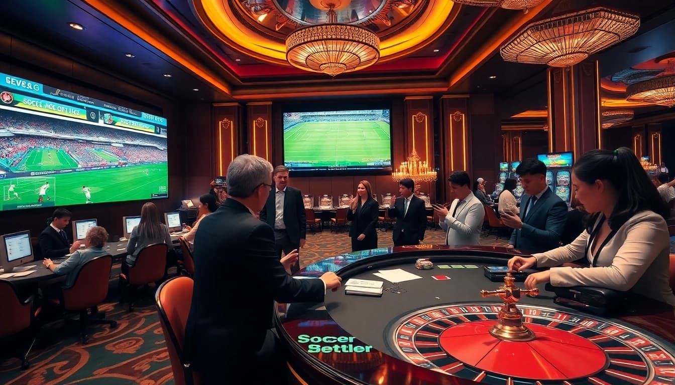 Agen Judi Bola: Engaging gamblers in a luxurious casino atmosphere with live soccer betting excitement.