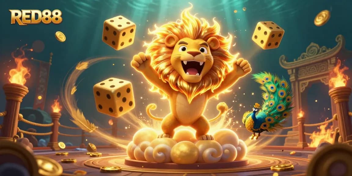 Engage with the RED88 online casino illustrated scene of excitement, golden dice, and vibrant casino elements