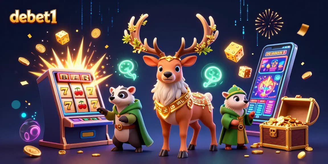 Engage with the lively debet1 casino scene featuring a Celtic druid stag and a wise badger amid a jackpot explosion.