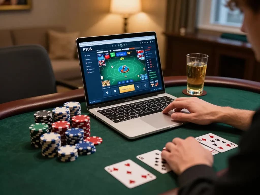 Engaging online poker with F168 platform, showing poker game interface and chips