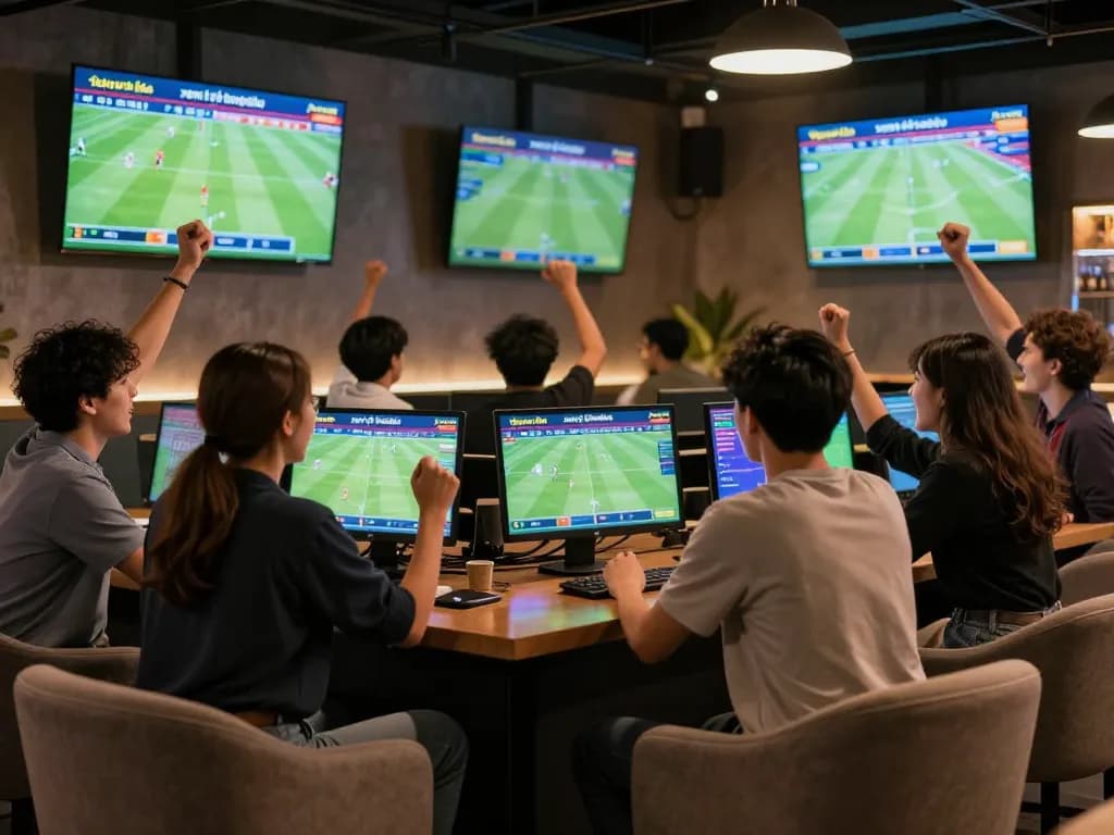 Cheering for xem tỷ số bongdalu while comparing betting odds in a lively sports betting lounge atmosphere.
