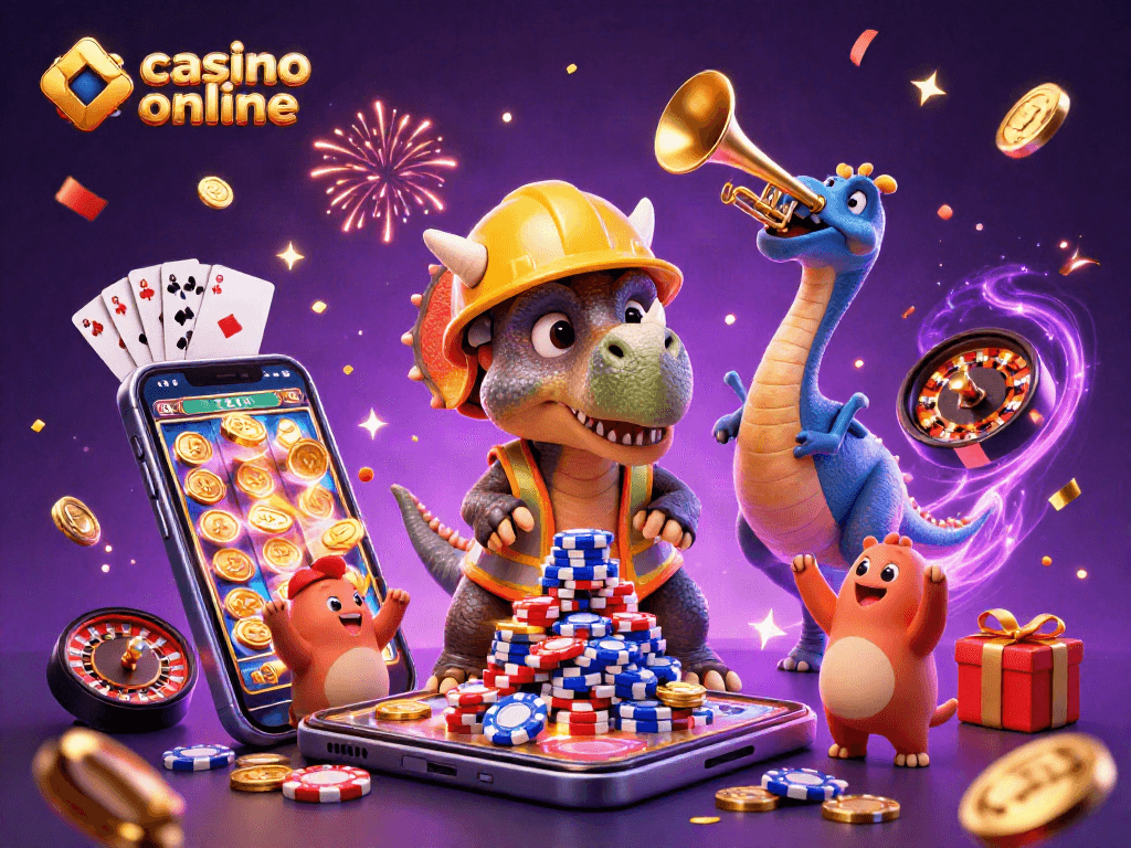 Engaging casino online scene with dinosaur characters building poker chips and celebrating