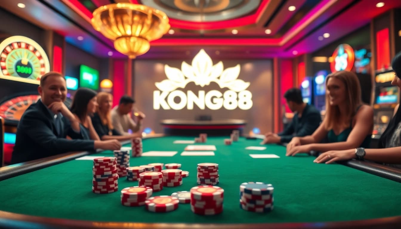 KONG88 logo shines over high-stakes poker action, showcasing excitement in casino gaming.
