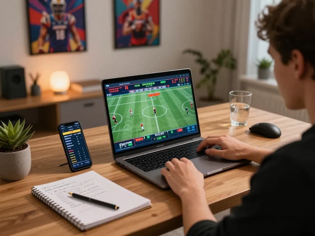 Person enjoying RR88 sports betting on laptop with live odds and strategic notes.