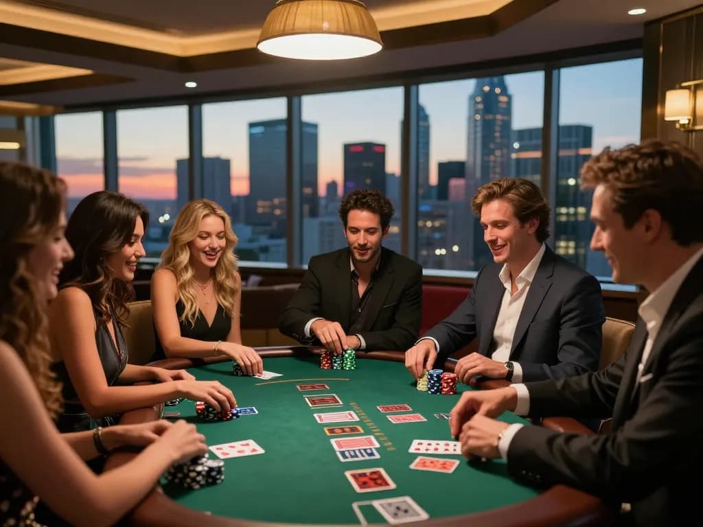Engaging blackjack gameplay with friends at a rooftop casino, showcasing du88 excitement and social atmosphere.