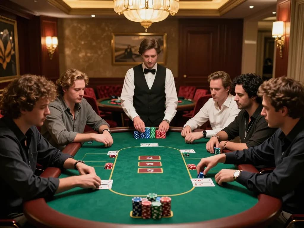Players strategize intensely at a poker table in nhà cái 789bet's upscale casino environment.