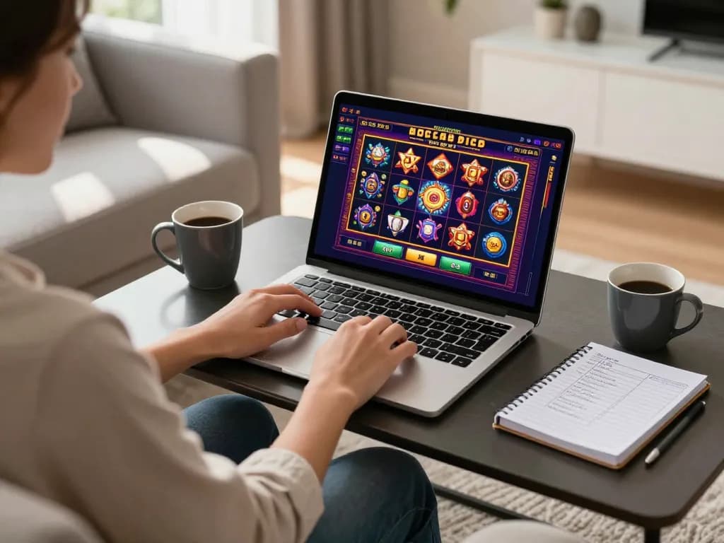 Pemain Bintangmpo terlibat dalam permainan slot online di laptop di rumah dengan catatan strategis di dekatnya.