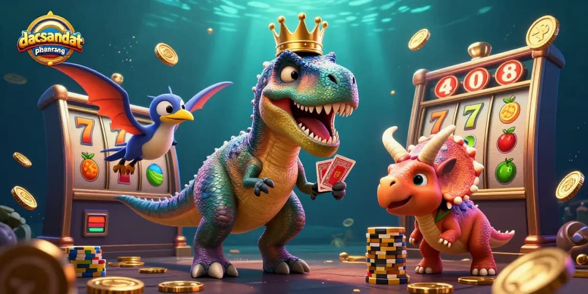 dacsandatphanrang showcases a vibrant T-Rex playing cards at a lively casino scene with golden jackpot elements.